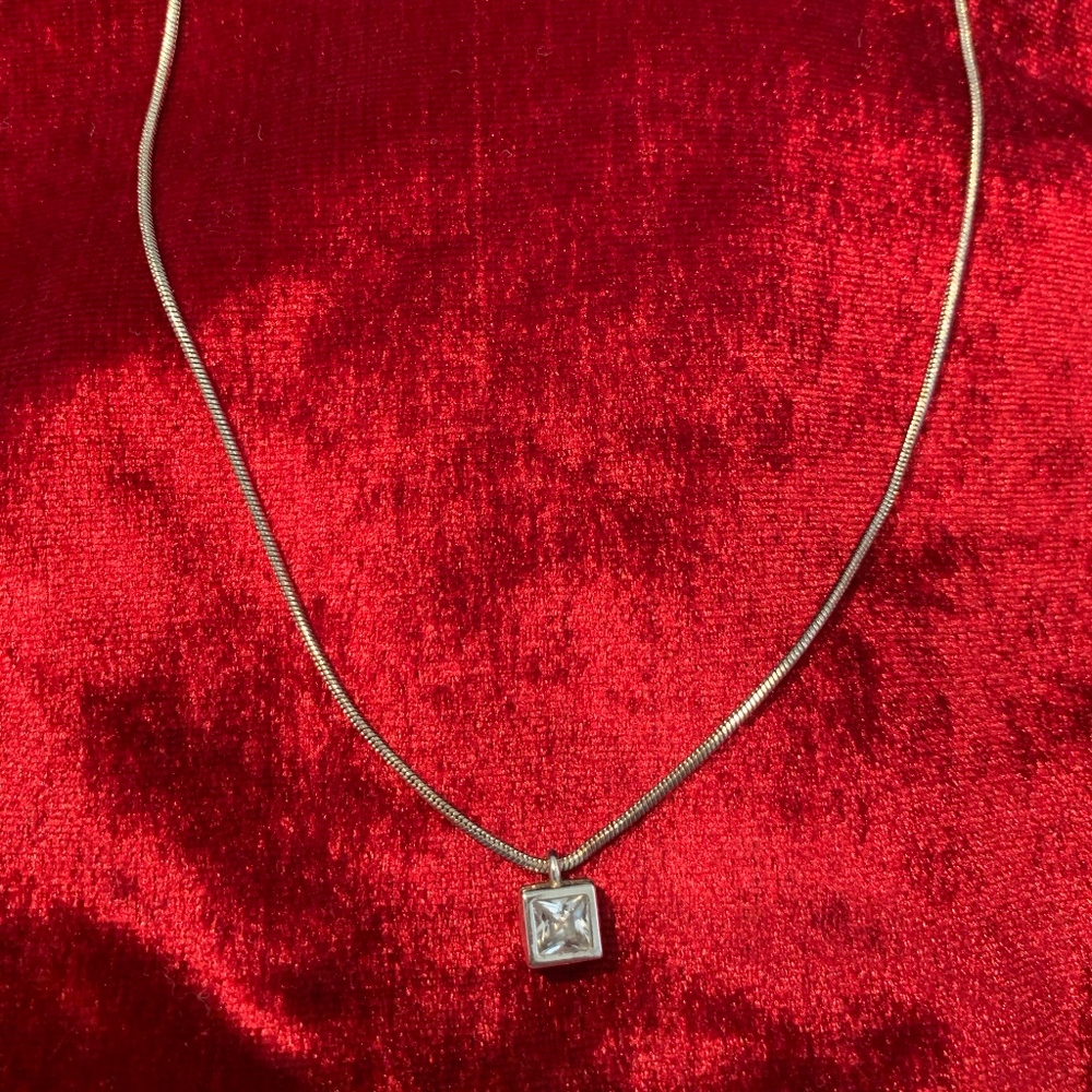 Crystal Square-Design Charm Silver Necklace